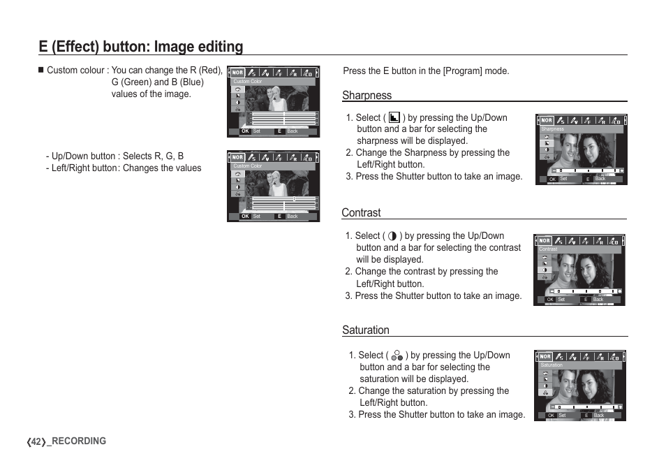 E (effect) button: image editing, Sharpness, Contrast | Saturation | Samsung I80 User Manual | Page 43 / 132