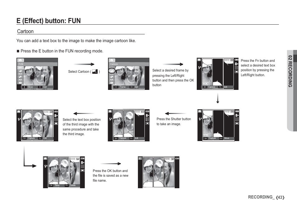 E (effect) button: fun, Cartoon, 02 recording | 43 recording | Samsung I80 User Manual | Page 44 / 132
