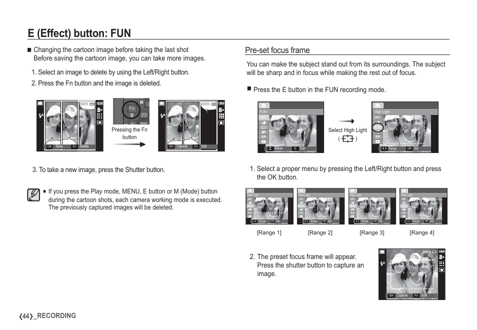 E (effect) button: fun, Pre-set focus frame, 44 _recording | Samsung I80 User Manual | Page 45 / 132