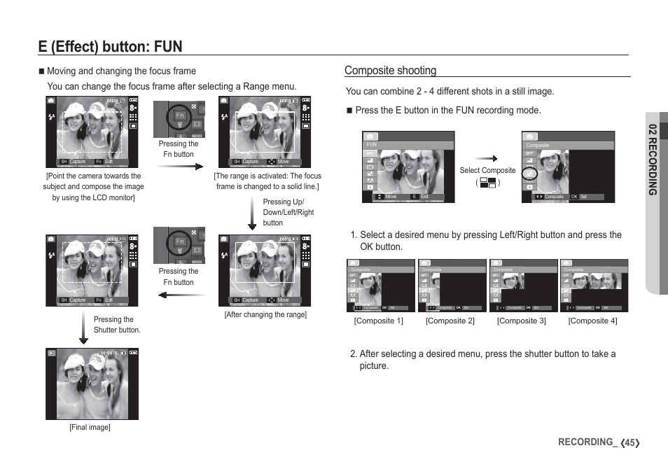 E (effect) button: fun, Composite shooting, 02 recording | 45 recording | Samsung I80 User Manual | Page 46 / 132