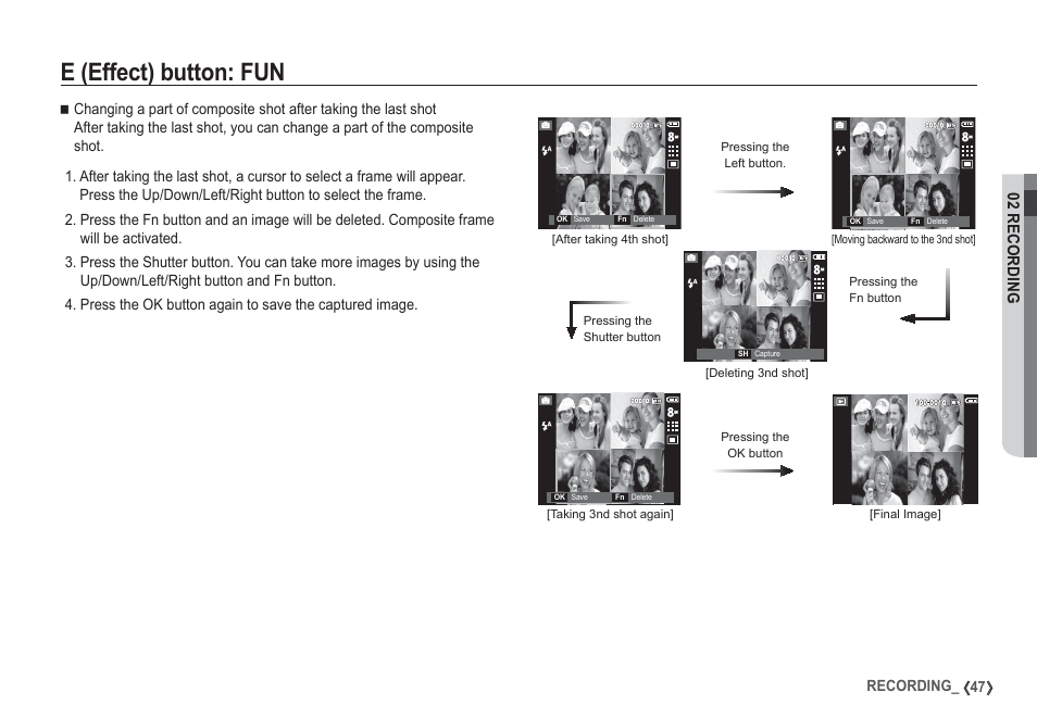 E (effect) button: fun, 02 recording | Samsung I80 User Manual | Page 48 / 132