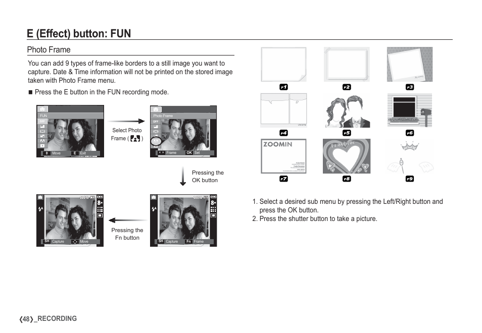 E (effect) button: fun, Photo frame, 48 _recording | Samsung I80 User Manual | Page 49 / 132