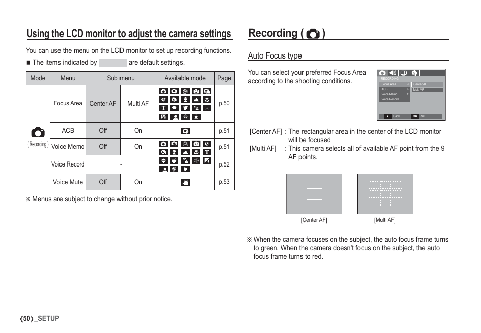 Recording ( ), Auto focus type | Samsung I80 User Manual | Page 51 / 132