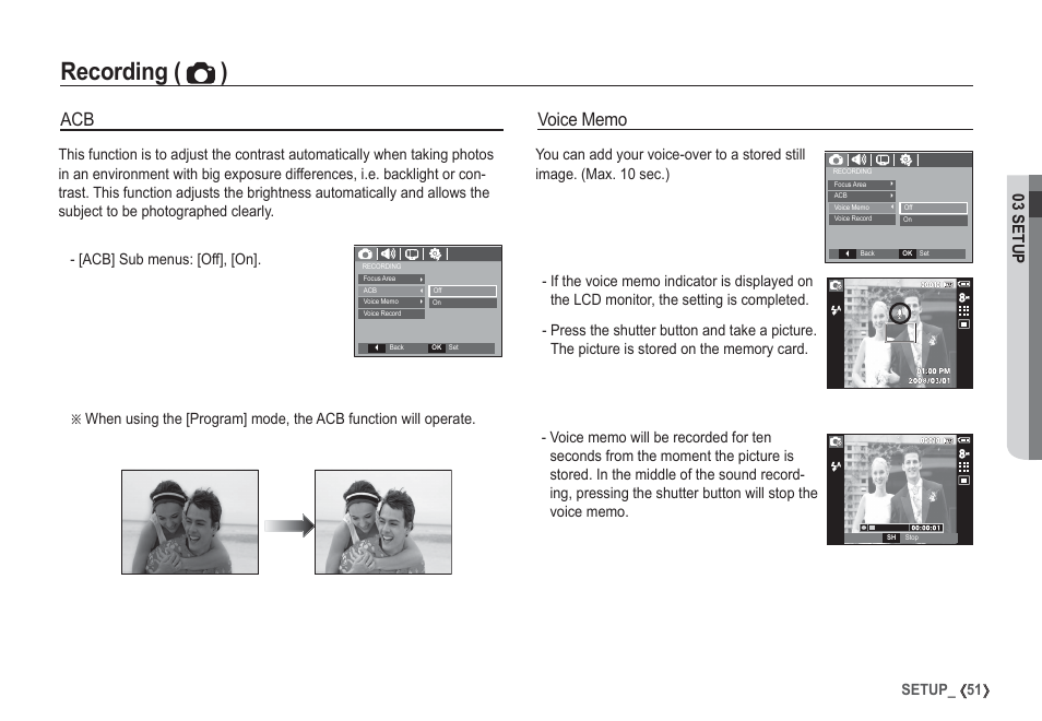 Recording ( ), 03 setup, 51 setup | Samsung I80 User Manual | Page 52 / 132