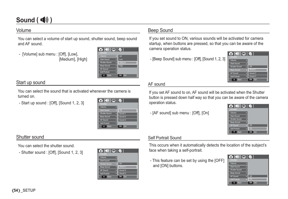 Sound, Beep sound, Volume | Start up sound, Shutter sound, Af sound self portrait sound, 54 _setup | Samsung I80 User Manual | Page 55 / 132
