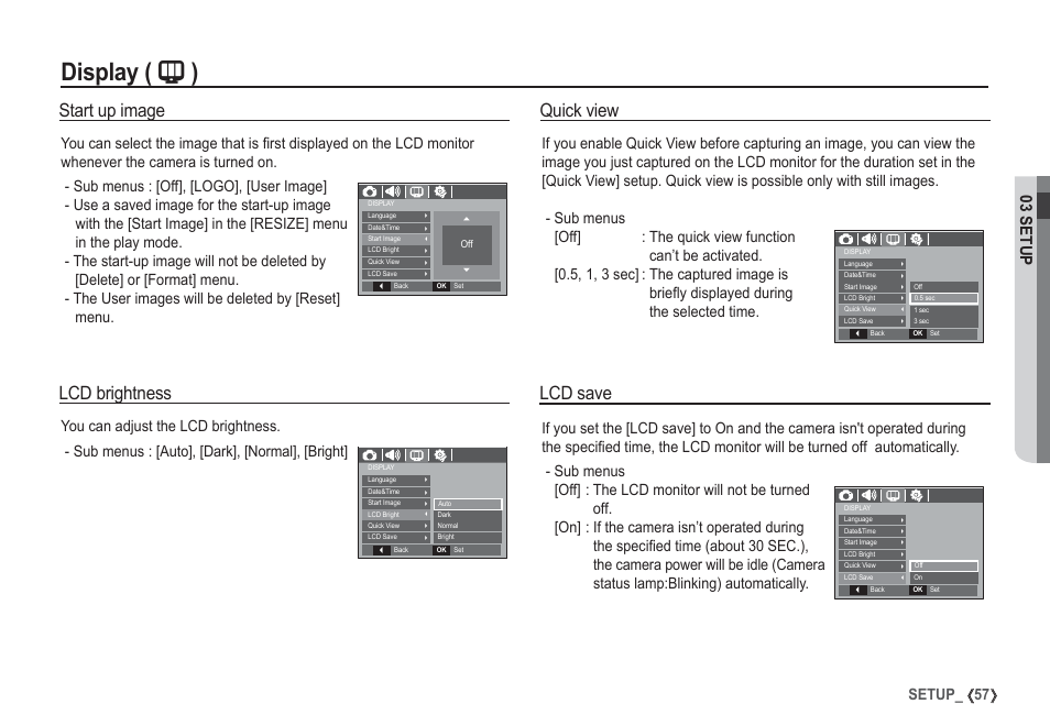 Display ( " ), Lcd brightness, Start up image | Quick view, Lcd save, 03 setup | Samsung I80 User Manual | Page 58 / 132