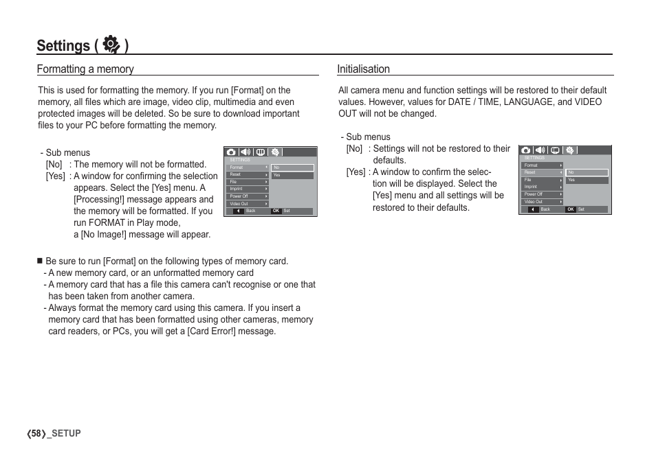 Settings ( ” ), Initialisation, 58 _setup | Samsung I80 User Manual | Page 59 / 132