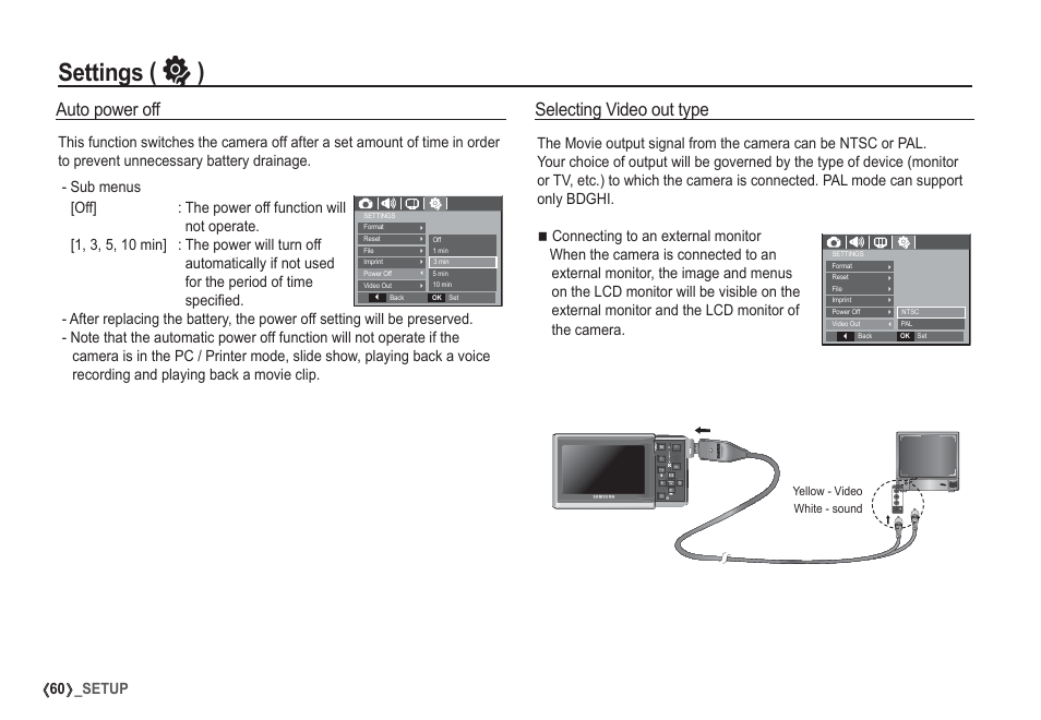 Settings ( ” ), Selecting video out type, Auto power off | Samsung I80 User Manual | Page 61 / 132