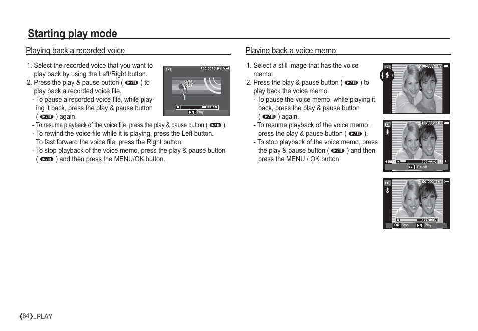 Starting play mode, Playing back a recorded voice | Samsung I80 User Manual | Page 65 / 132