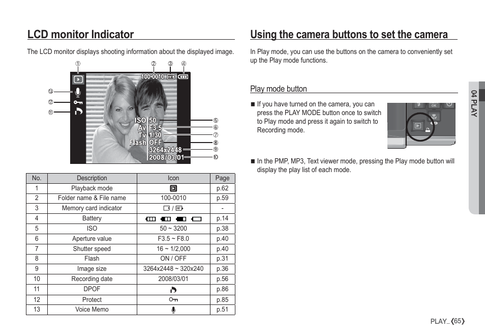 Lcd monitor indicator, Using the camera buttons to set the camera | Samsung I80 User Manual | Page 66 / 132