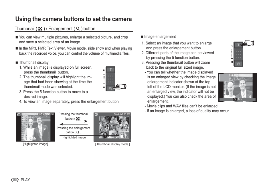 Using the camera buttons to set the camera, Thumbnail, Enlargement | Button | Samsung I80 User Manual | Page 67 / 132