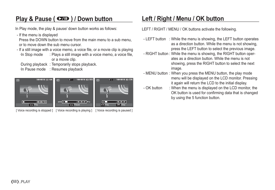 Play & pause ( ø ) / down button, Left / right / menu / ok button | Samsung I80 User Manual | Page 69 / 132