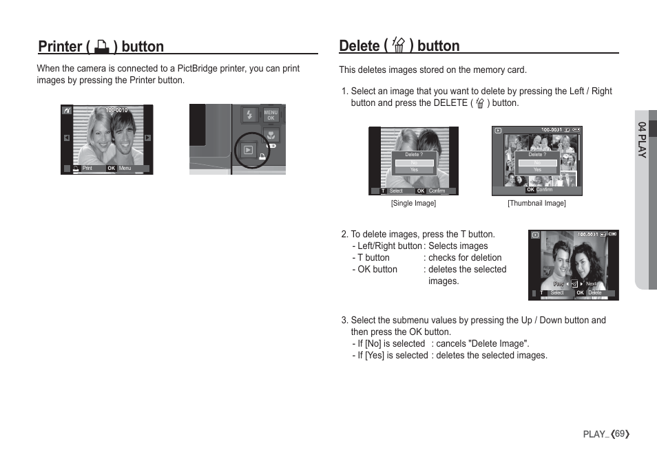 Delete ( õ ) button, Printer ( » ) button, 04 play | Samsung I80 User Manual | Page 70 / 132