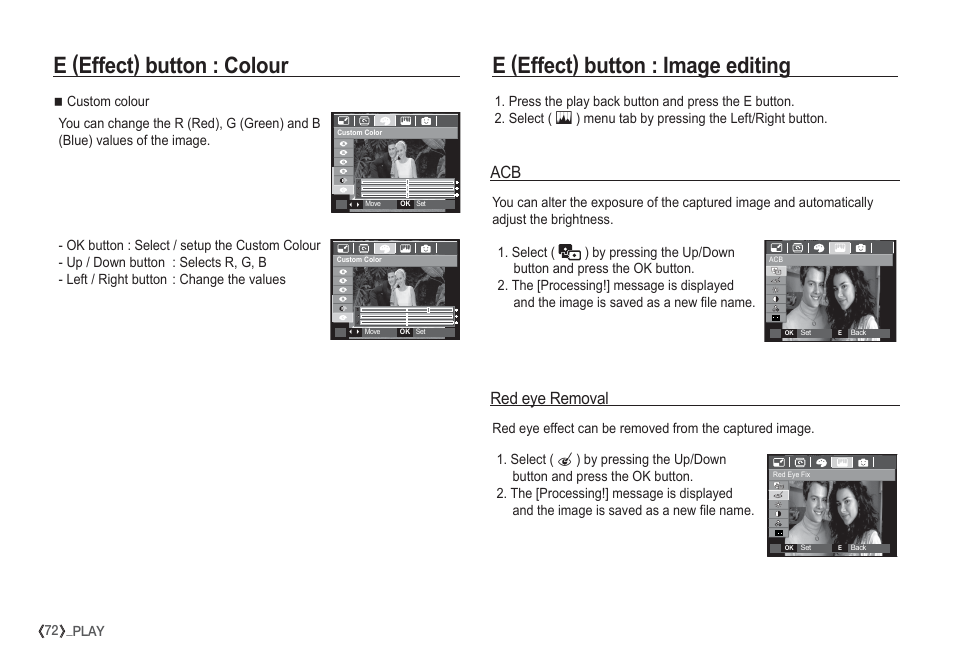 E (effect) button : image editing, E (effect) button : colour, Red eye removal | Samsung I80 User Manual | Page 73 / 132