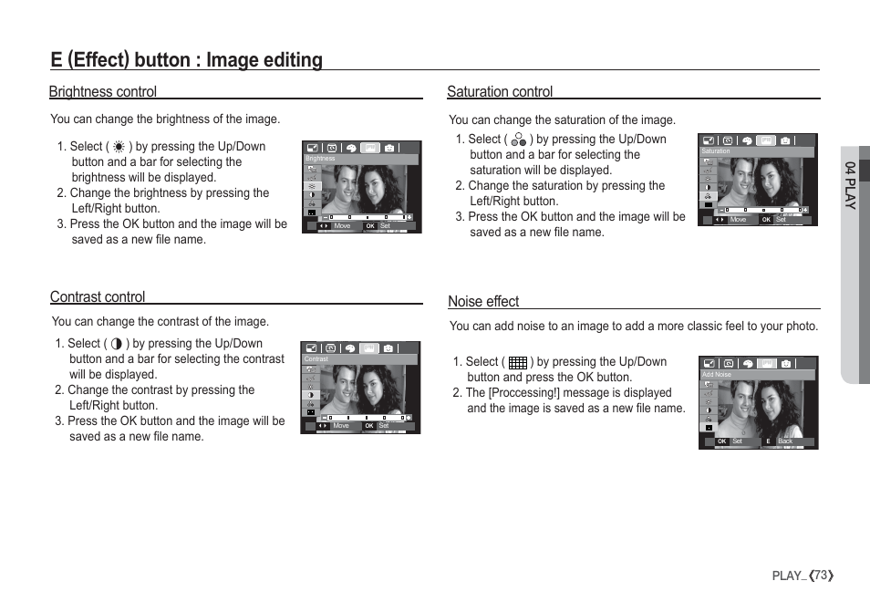 E (effect) button : image editing, Brightness control, Contrast control | Saturation control, Noise effect | Samsung I80 User Manual | Page 74 / 132