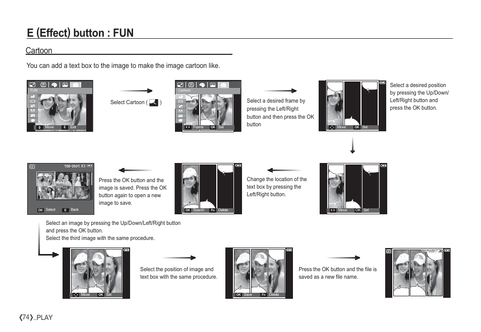 E (effect) button : fun, Cartoon, 74 _play | Samsung I80 User Manual | Page 75 / 132