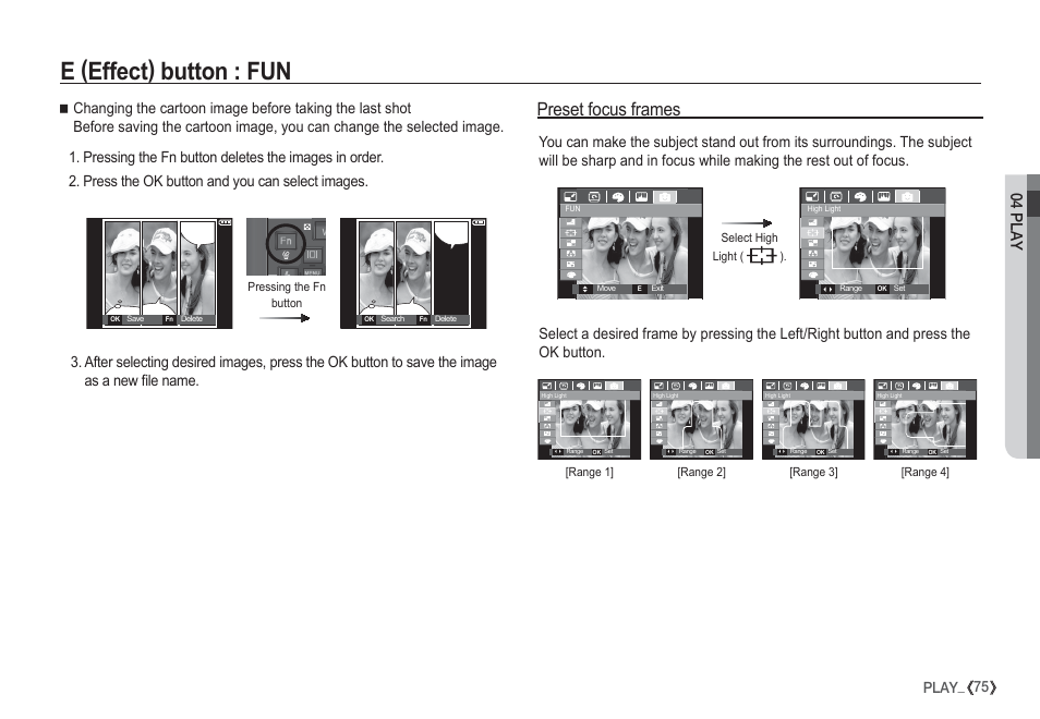 E (effect) button : fun, Preset focus frames, 04 play | 75 play | Samsung I80 User Manual | Page 76 / 132