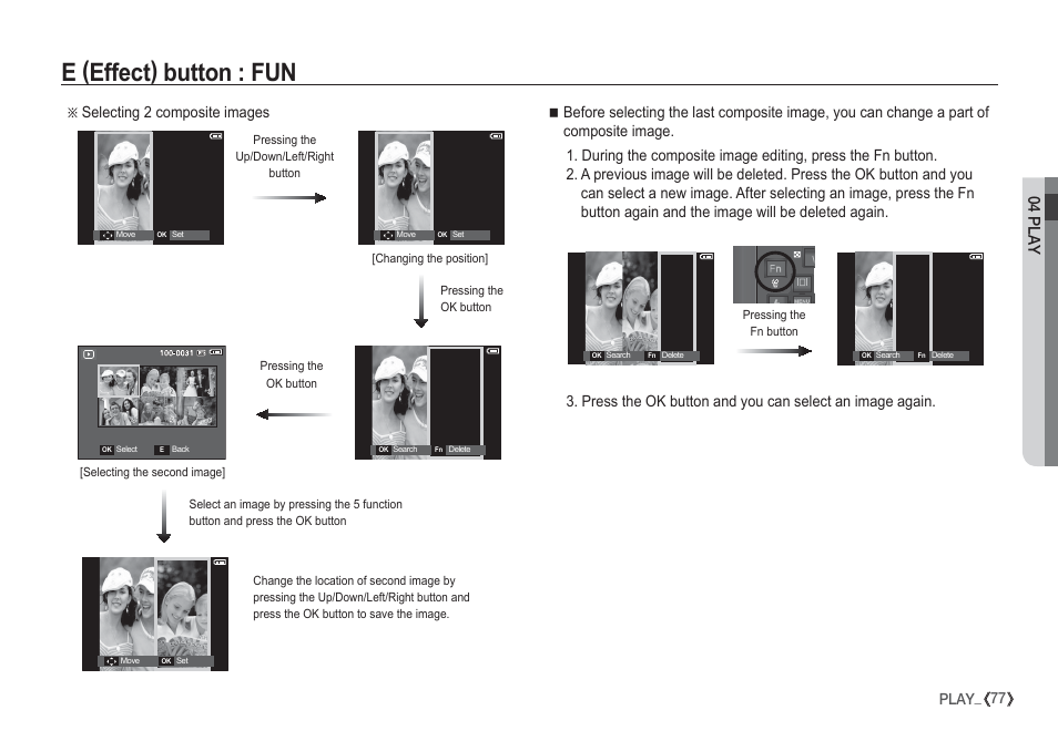 E (effect) button : fun, 04 play, 77 play | Äselecting 2 composite images | Samsung I80 User Manual | Page 78 / 132