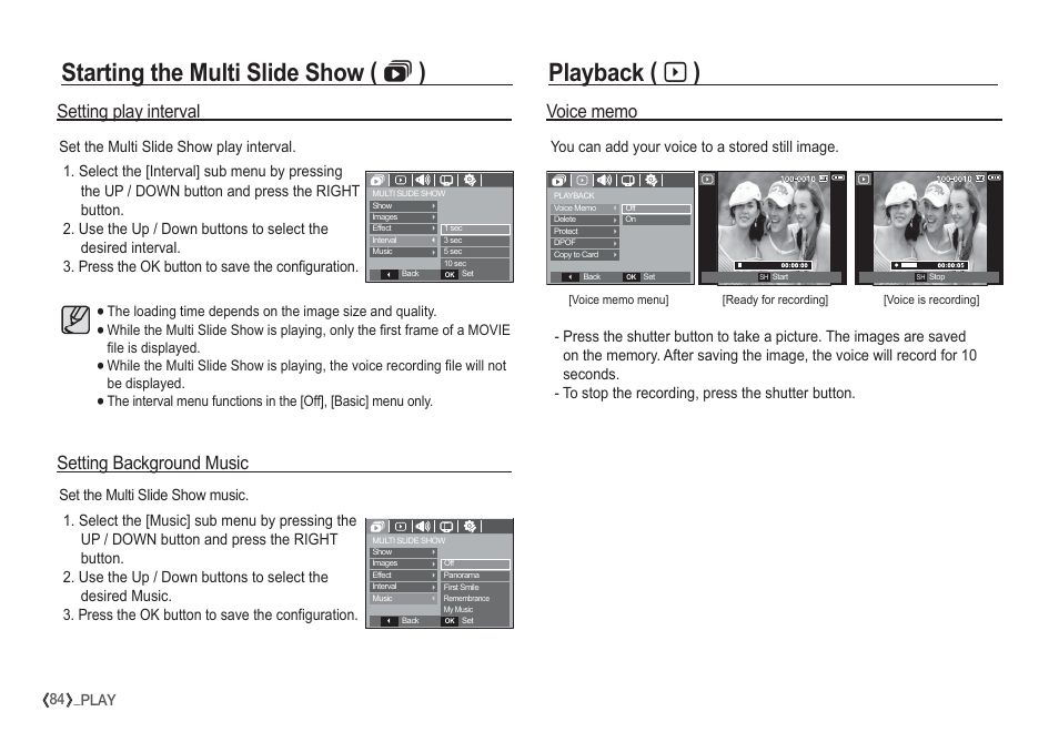 Playback ( à ), Starting the multi slide show (  ), Setting background music setting play interval | 84 _play, You can add your voice to a stored still image | Samsung I80 User Manual | Page 85 / 132