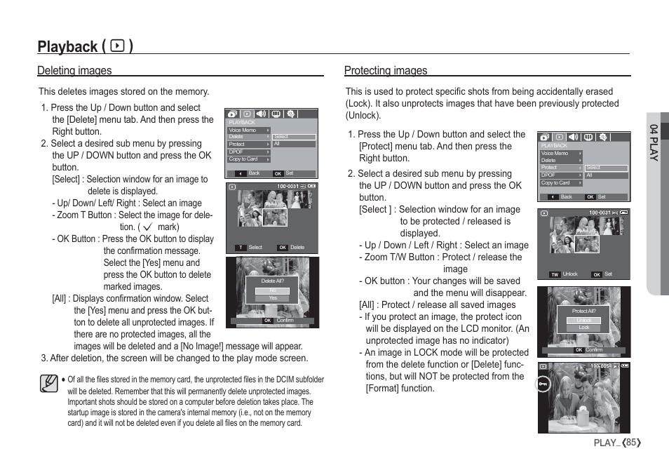 Playback ( à ), Deleting images, Protecting images | 04 play, 85 play | Samsung I80 User Manual | Page 86 / 132