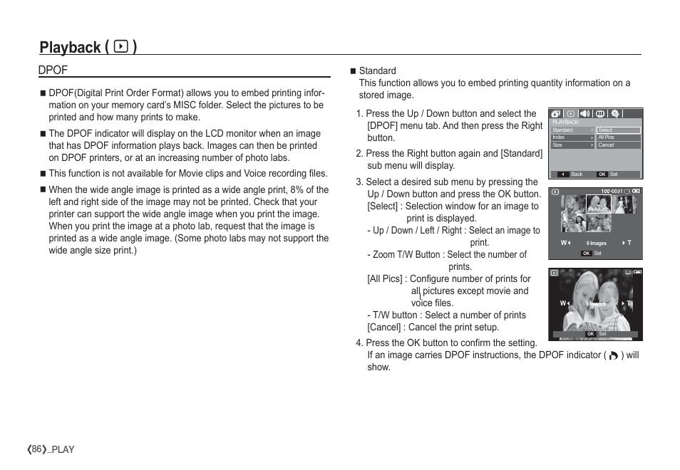 Playback ( а ), Dpof | Samsung I80 User Manual | Page 87 / 132