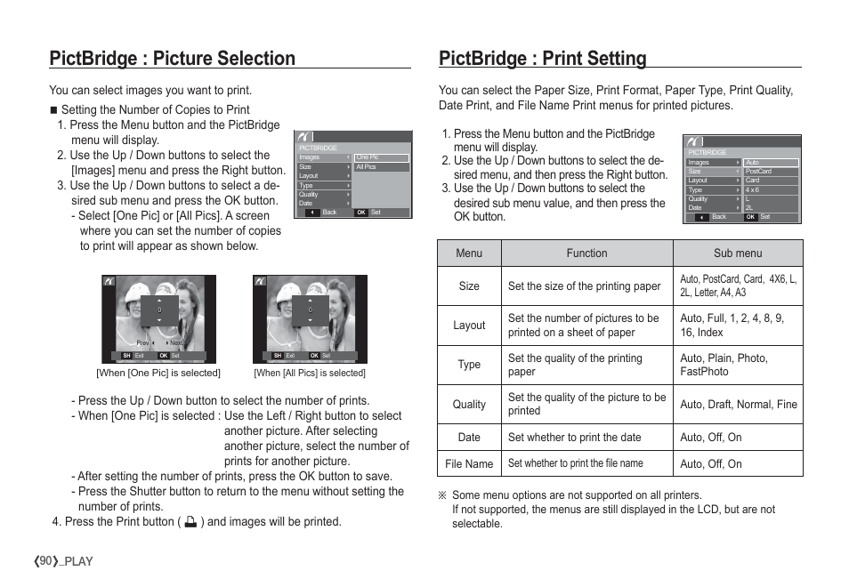 Pictbridge : picture selection, Pictbridge : print setting, 90 _play | Samsung I80 User Manual | Page 91 / 132