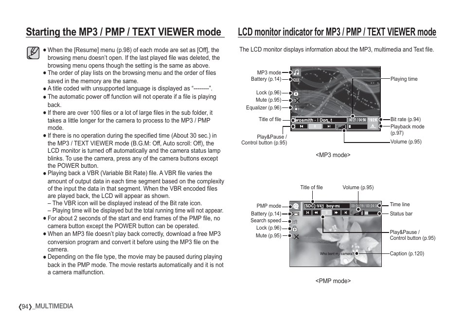 Starting the mp3 / pmp / text viewer mode | Samsung I80 User Manual | Page 95 / 132