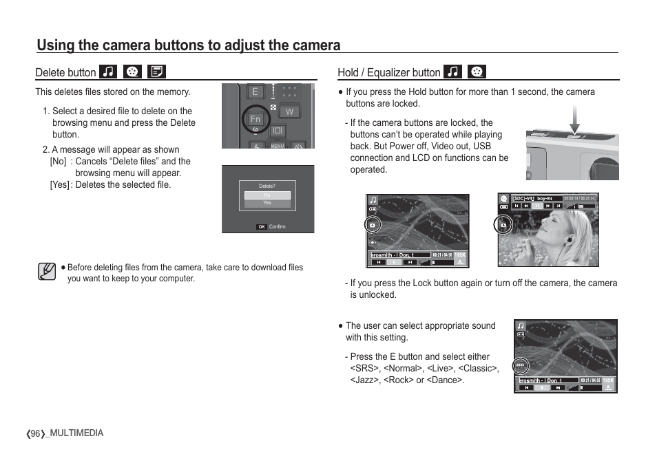 Using the camera buttons to adjust the camera, Delete button, Hold / equalizer button | Samsung I80 User Manual | Page 97 / 132