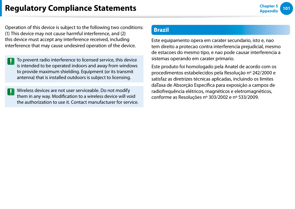 Regulatory compliance statements | Samsung XE500T1C-A01US User Manual | Page 102 / 119