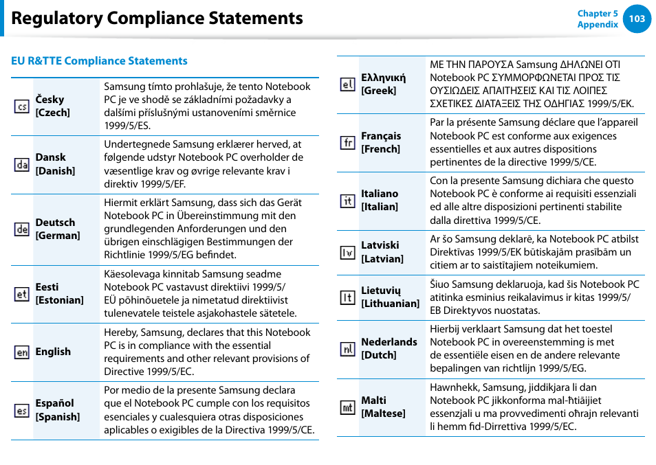 Regulatory compliance statements | Samsung XE500T1C-A01US User Manual | Page 104 / 119