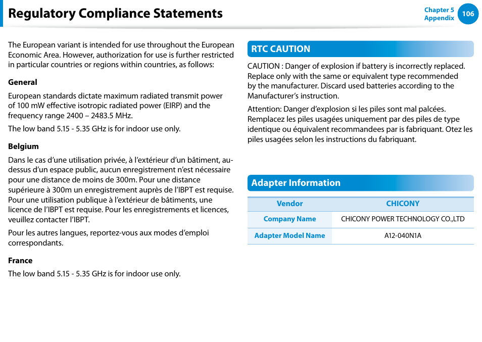 Regulatory compliance statements | Samsung XE500T1C-A01US User Manual | Page 107 / 119