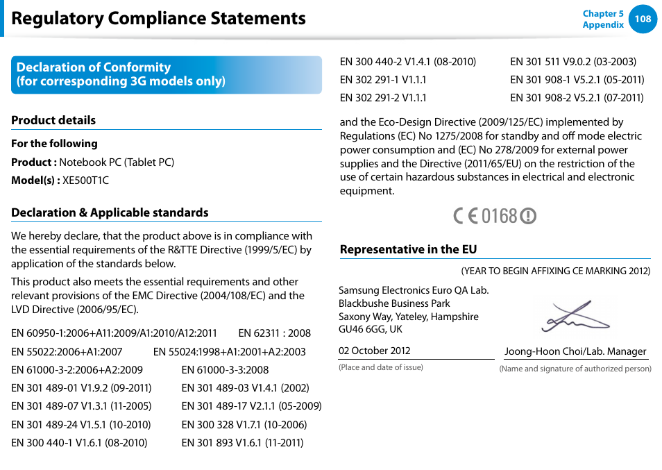 Regulatory compliance statements | Samsung XE500T1C-A01US User Manual | Page 109 / 119