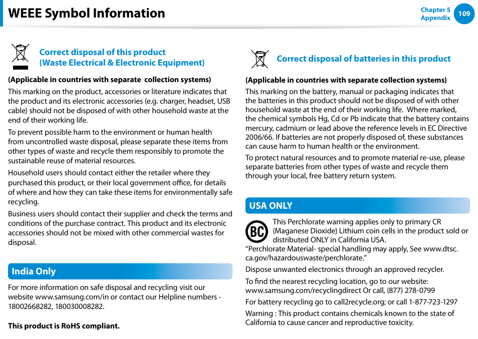 Weee symbol information, India only, Usa only | Samsung XE500T1C-A01US User Manual | Page 110 / 119