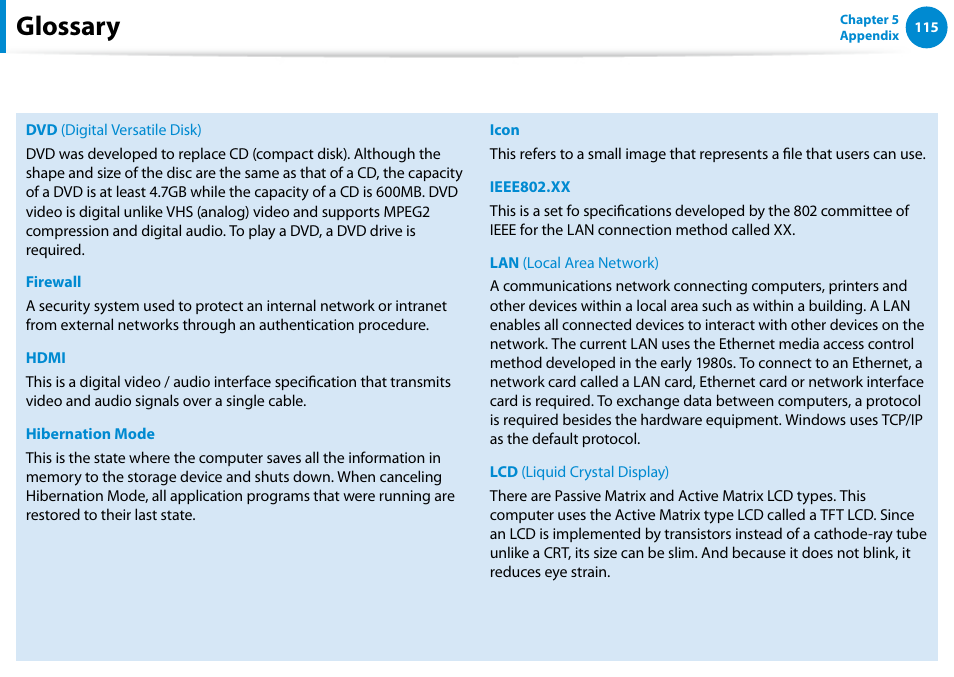 Glossary | Samsung XE500T1C-A01US User Manual | Page 116 / 119