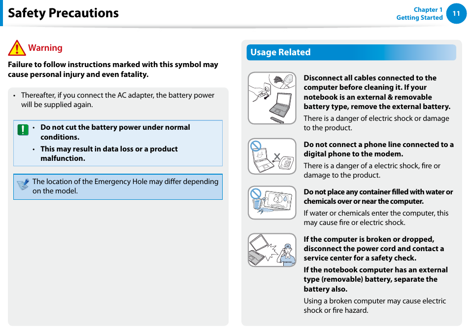 Safety precautions, Warning, Usage related | Samsung XE500T1C-A01US User Manual | Page 12 / 119