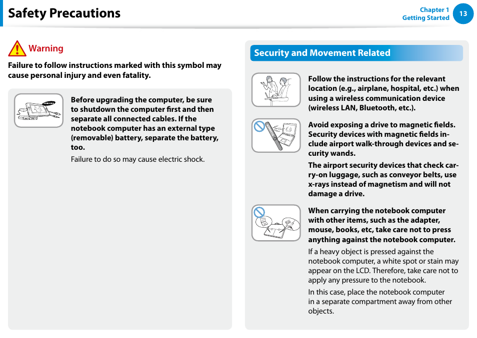 Safety precautions, Security and movement related, Warning | Samsung XE500T1C-A01US User Manual | Page 14 / 119