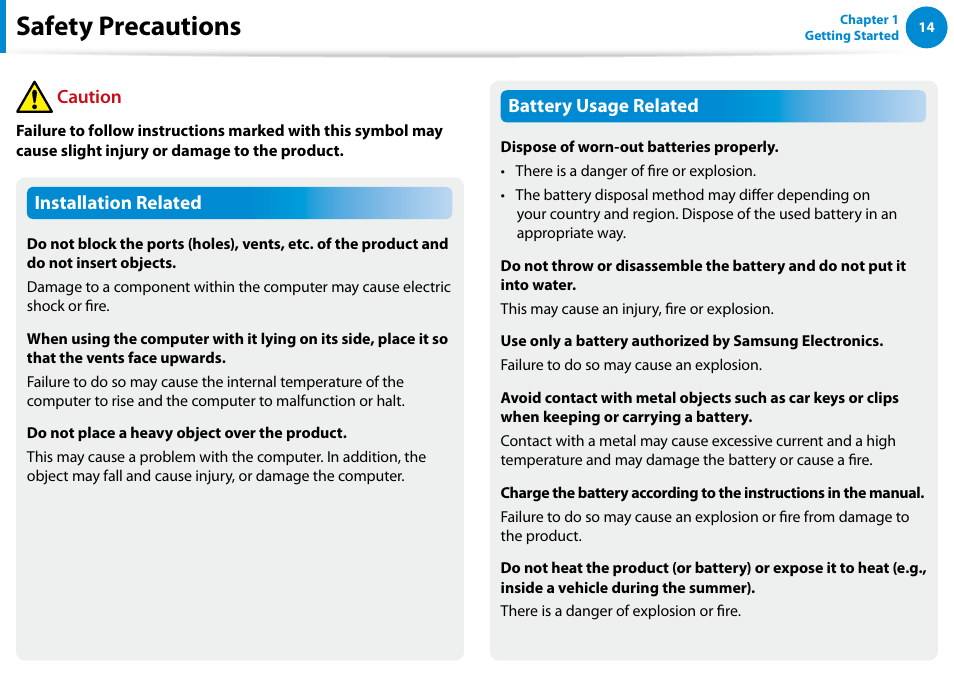 Safety precautions | Samsung XE500T1C-A01US User Manual | Page 15 / 119