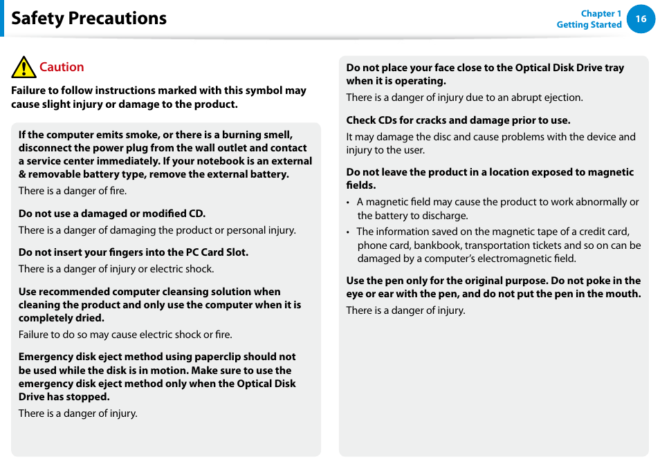 Safety precautions, Caution | Samsung XE500T1C-A01US User Manual | Page 17 / 119