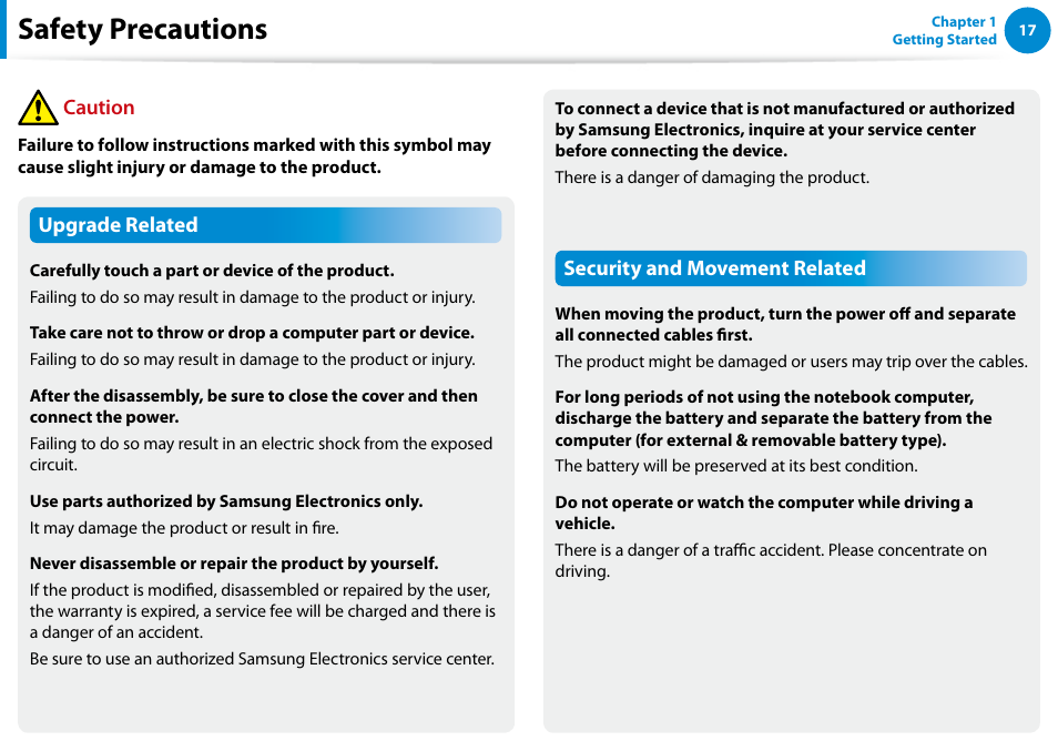 Safety precautions | Samsung XE500T1C-A01US User Manual | Page 18 / 119