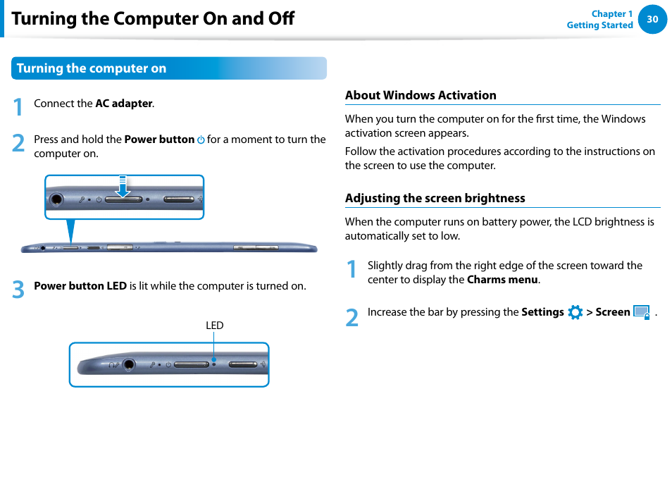 Turning the computer on and off | Samsung XE500T1C-A01US User Manual | Page 31 / 119