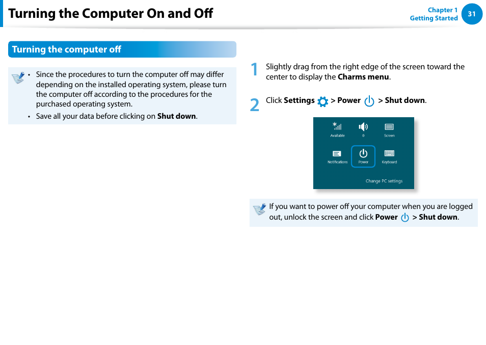 Turning the computer on and off, Turning the computer off | Samsung XE500T1C-A01US User Manual | Page 32 / 119