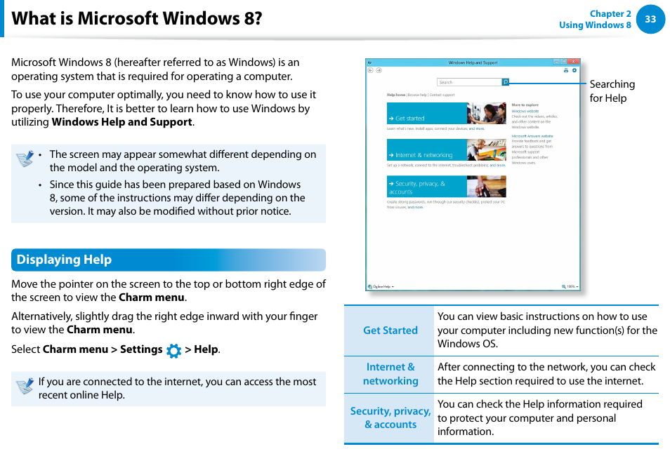 What is microsoft windows 8, Displaying help | Samsung XE500T1C-A01US User Manual | Page 34 / 119