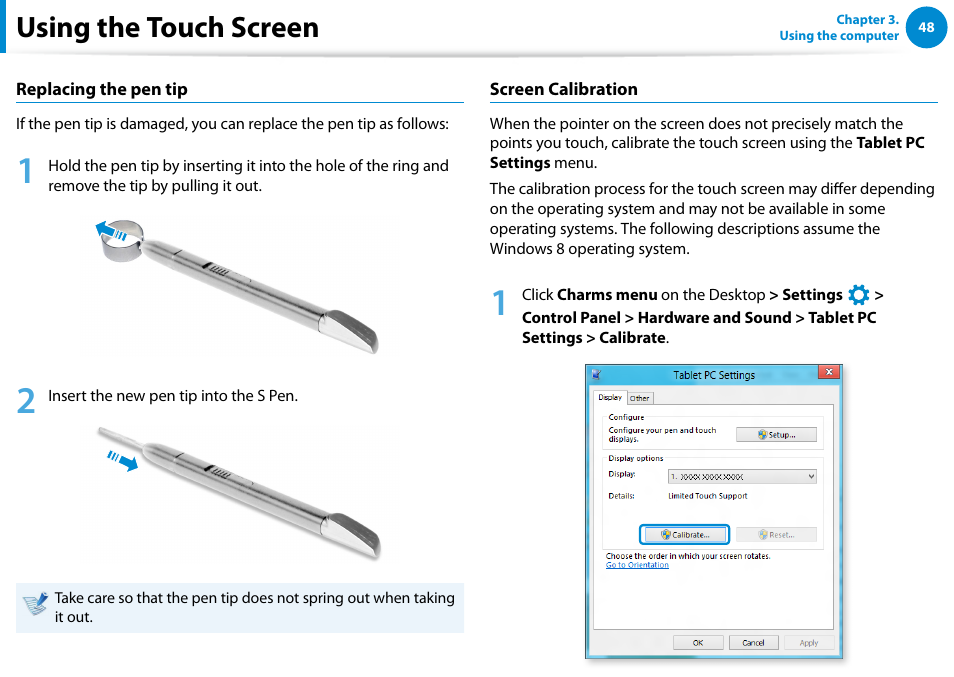 Using the touch screen | Samsung XE500T1C-A01US User Manual | Page 49 / 119