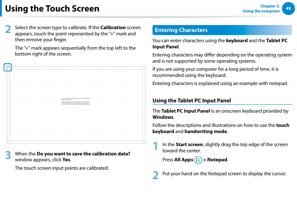 Using the touch screen | Samsung XE500T1C-A01US User Manual | Page 50 / 119