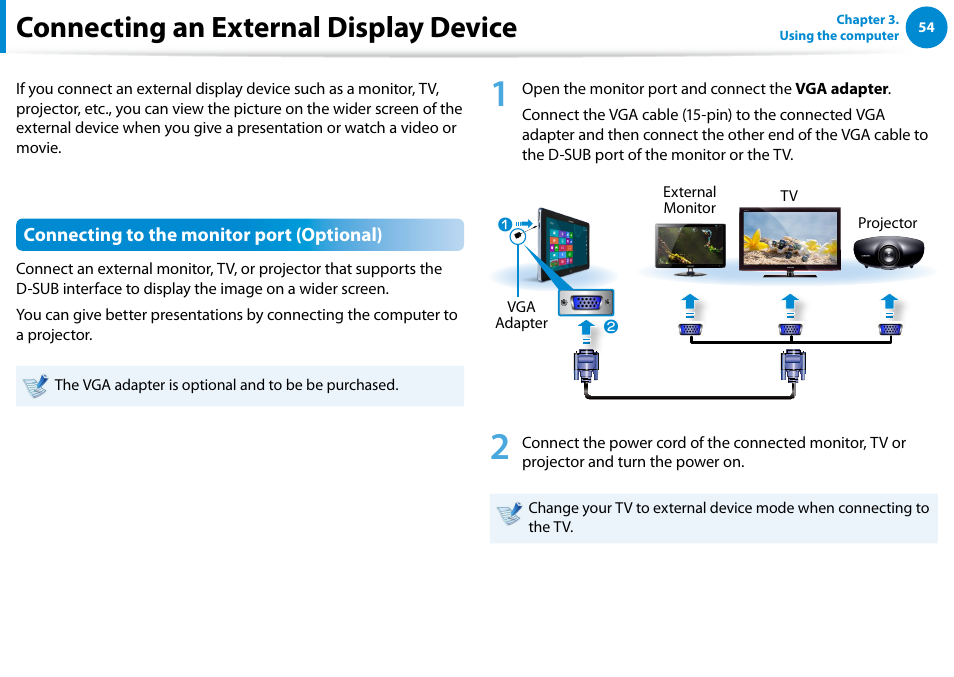 Connecting an external display device | Samsung XE500T1C-A01US User Manual | Page 55 / 119