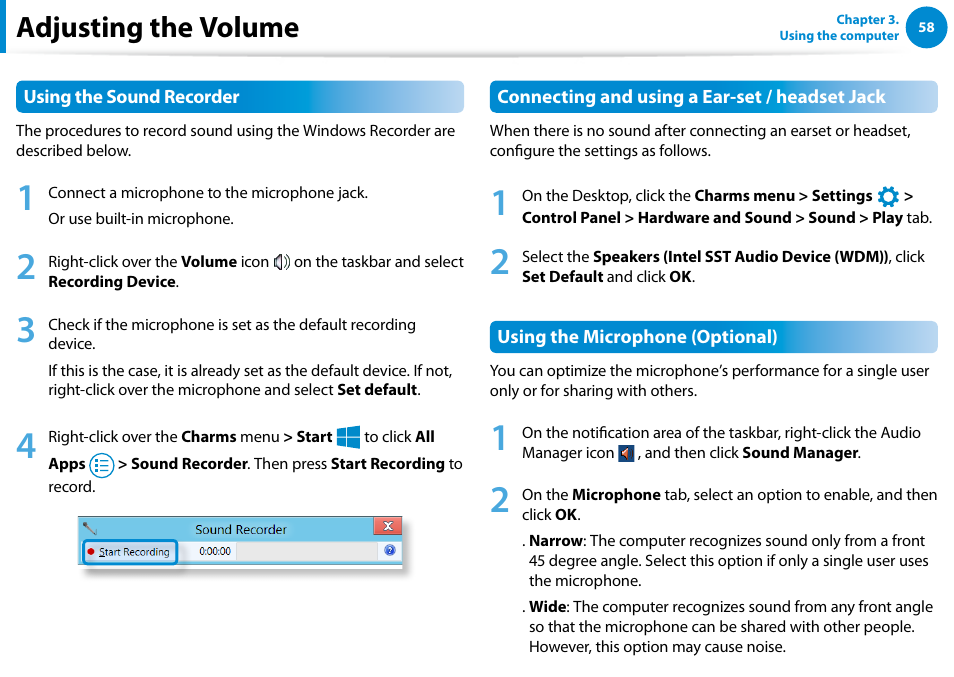 Adjusting the volume | Samsung XE500T1C-A01US User Manual | Page 59 / 119