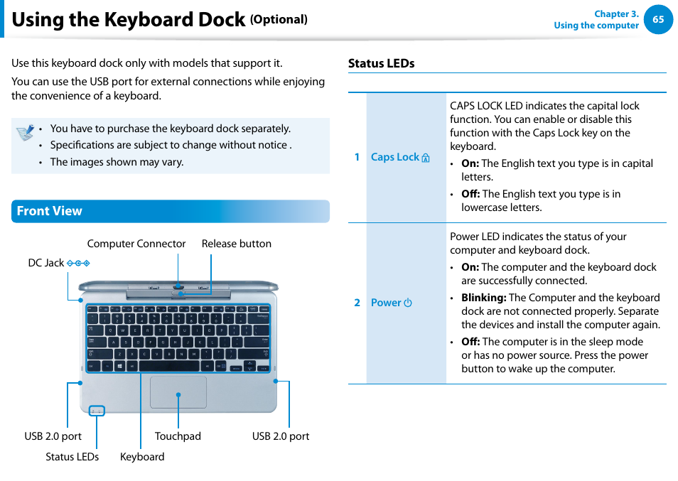 Using the keyboard dock (optional), Using the keyboard dock, Front view | Samsung XE500T1C-A01US User Manual | Page 66 / 119