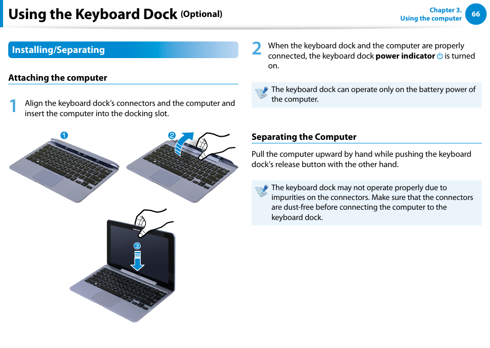 Using the keyboard dock | Samsung XE500T1C-A01US User Manual | Page 67 / 119