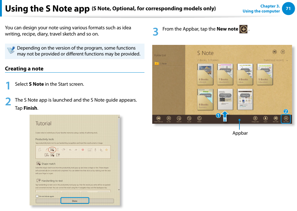 Using the s note app (s note, optional) | Samsung XE500T1C-A01US User Manual | Page 72 / 119