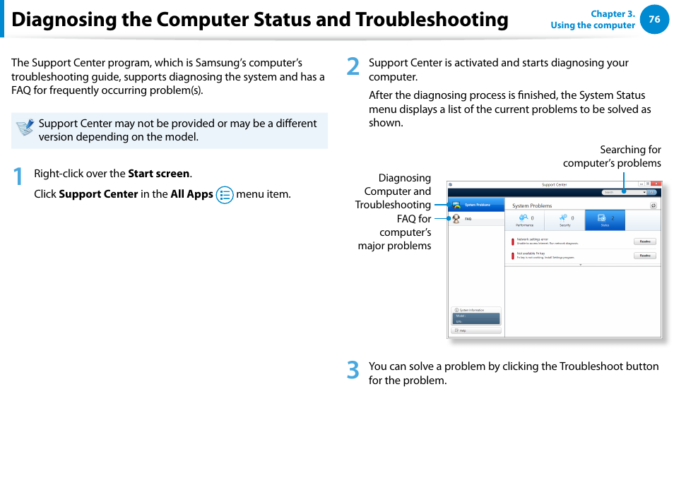 Diagnosing the computer status and troubleshooting | Samsung XE500T1C-A01US User Manual | Page 77 / 119
